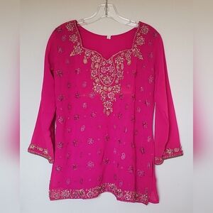 Indian Embroidered Kurta Kurti Fuchsia Hot Pink Tunic EUC